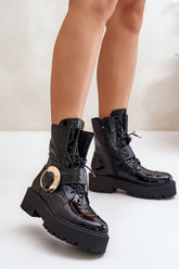 Leather Platform Lace-Up Ankle Boots with Gold Buckle Step in style black 36