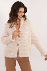Fuzzy Knit Button Cardigan Och Bella beige one-size-fits-all