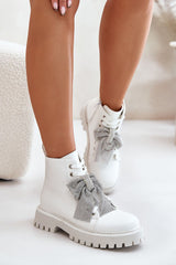 Platform Laced Boots with Sparkling Rhinestone Bow Step in style