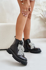 Platform Laced Boots with Sparkling Rhinestone Bow Step in style black 36