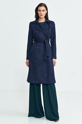 Double Breasted Belted Faux Suede Trench Coat Nife navy blue 36