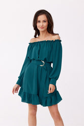 Off-the-Shoulder Belted Dress with Ruffle Hem Roco Fashion