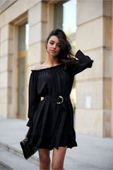 Off-the-Shoulder Belted Dress with Ruffle Hem Roco Fashion