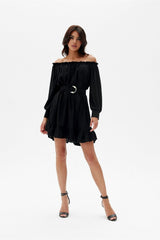 Off-the-Shoulder Belted Dress with Ruffle Hem Roco Fashion