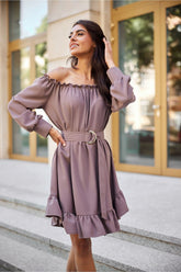 Off-the-Shoulder Belted Dress with Ruffle Hem Roco Fashion