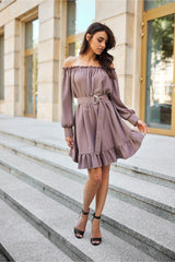 Off-the-Shoulder Belted Dress with Ruffle Hem Roco Fashion