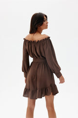 Off-the-Shoulder Belted Dress with Ruffle Hem Roco Fashion