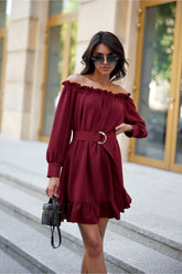 Off-the-Shoulder Belted Dress with Ruffle Hem Roco Fashion