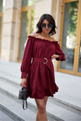 Off-the-Shoulder Belted Dress with Ruffle Hem Roco Fashion