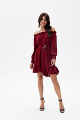 Off-the-Shoulder Belted Dress with Ruffle Hem Roco Fashion