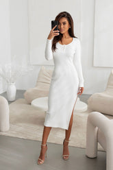 Long Sleeve Midi Dress with Side Slit IVON beige S