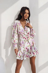 Floral Print Wrap Top Mini Dress with Long Puff Sleeves LaBalancia multicolor XS/S