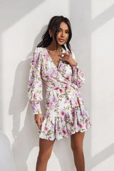 Floral Print Wrap Top Mini Dress with Long Puff Sleeves LaBalancia multicolor XS/S