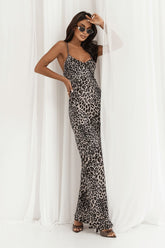 Sleek Leopard Print Spaghetti Strap Maxi Slip Dress IVON multicolor s