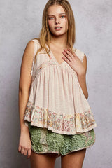 Lace Detail Ruffled Ribbed Sleeveless Top with Floral Pattern Trim Detail POL