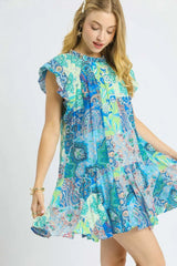 Paisley Printed Ruffle Cap Sleeve Mini Dress Umgee Neon Green S