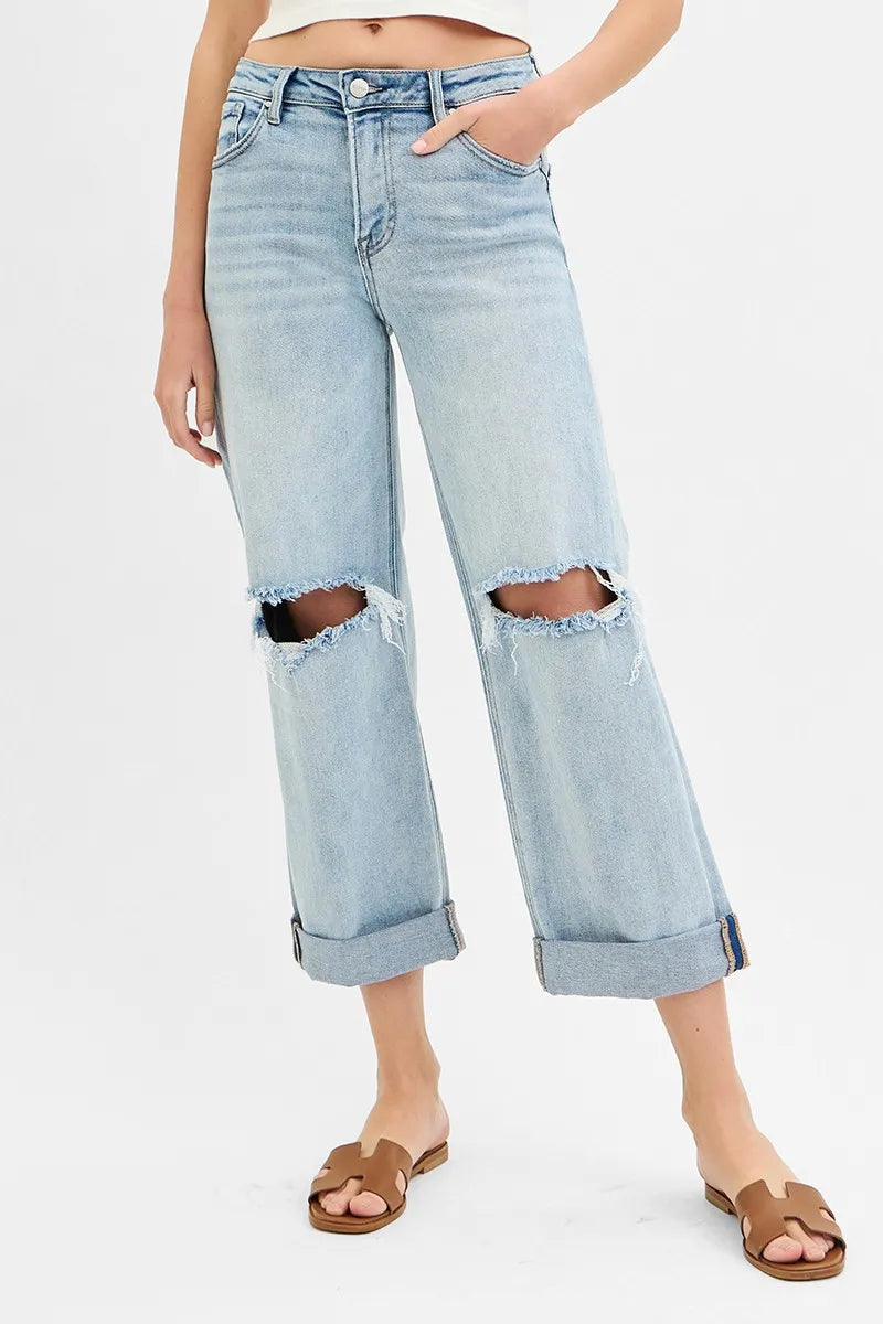 Mid Rise Fit Boyfriend Jeans with Cuff With Plus Size Risen LIGHT 0