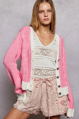 Button Down Cable-Knit Cardigan with Contrast Border Accents POL