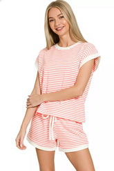 Stripe Contrast Trim Top & Shorts Set ZENANA DK PINK S