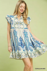 Mix Ruffle Sleeve Boho Print Dress Umgee CERULEAN MIX S