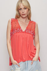 Lace Detail Frill Floral V-Neck Sleeveless Top POL Strawberry S