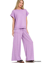 Zenana Washed Slub Short Sleeve Tee & Long Pants Set Trendsi