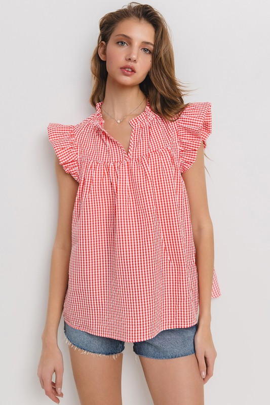 Plaid Notched Ruffled Cap Sleeve Blouse Ces Femme Red S