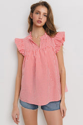 Plaid Notched Ruffled Cap Sleeve Blouse Ces Femme Red S