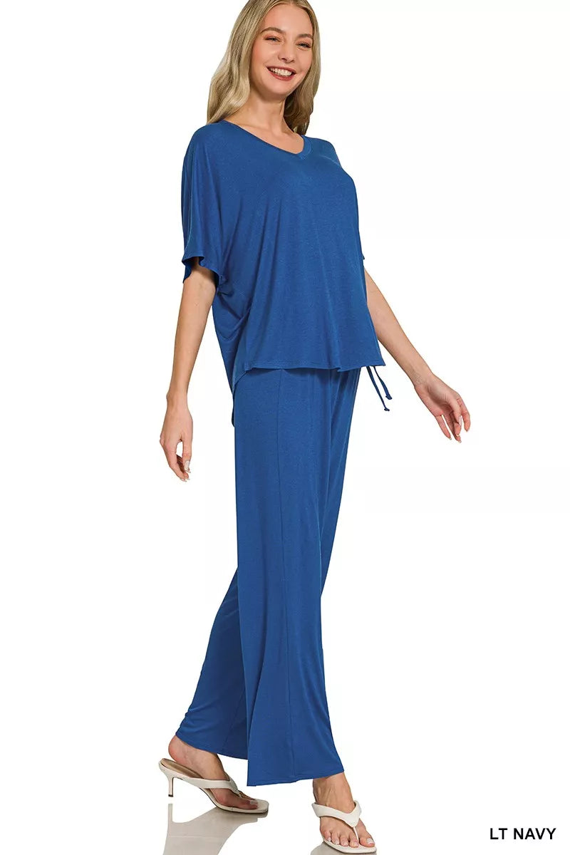 V-neck Oversized Top & Pants Set ZENANA LT NAVY S