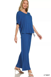 V-neck Oversized Top & Pants Set ZENANA LT NAVY S