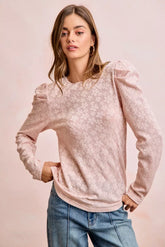 Textured Flower Knit Puff Shoulder Top BiBi