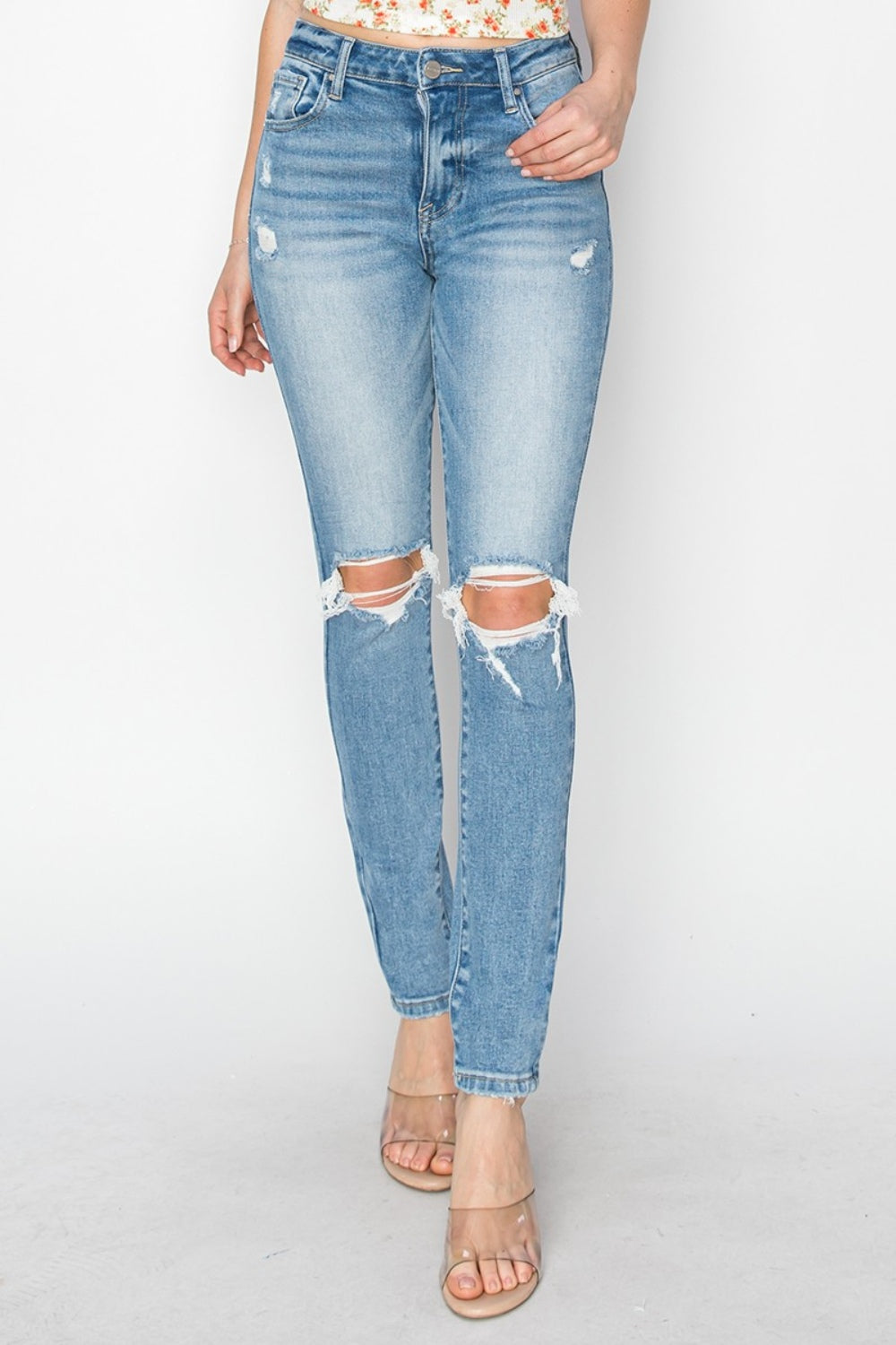 High Rise Knee Distressed Skinny Jeans Risen Light 0(24)