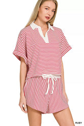 Striped Collared Top & Shorts Set ZENANA RUBY S