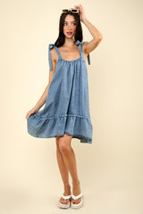 Shoulder Tie Washed Denim Ruched Mini Dress Very J