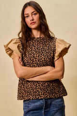 SO ME Leopard Pointelle Knit Top with Puff Sleeves Trendsi