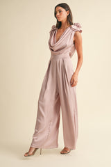 3D Floral Applique Deep Cowl Neck Jumpsuit Mable
