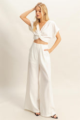 Twisted Front Short Sleeve Top and Wide Leg Pants Set HYFVE Off White S