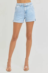 High Rise Belted Roll Up Shorts With Plus Size Risen