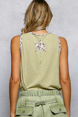 Floral Print Star Patch V-Neck Ribbed Tank POL