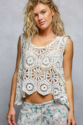Boho Floral Crochet Sweater Vest with Scalloped Edge POL OFF WHITE One Size