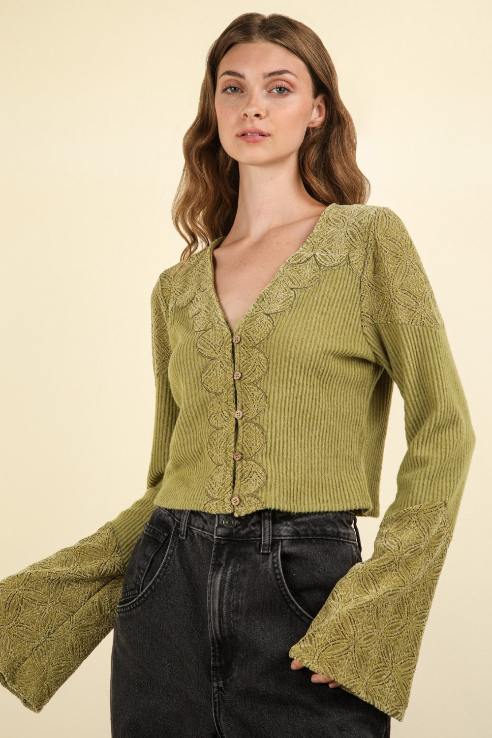 V-Neck Lace Detail Button Down Crop Ribbed Knit Top Very J Olive S