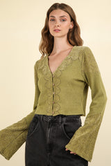V-Neck Lace Detail Button Down Crop Ribbed Knit Top Very J Olive S