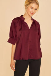 Multi Color Printed V-Neck Open Woven Blouse Top Annie Wear BURGUNDY S