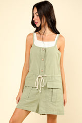 Half Button Down Drawstring Sleeveless Romper Very J