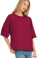 Double Knit Short Sleeve Top ZENANA CABERNET S