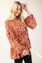 Floral V-Neck Balloon Sleeve Blouse Celeste