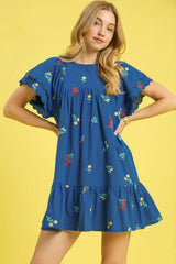 Floral Embroidered Short Sleeve Mini Dress Umgee Dark Blue S