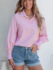 Pinstripe Long Sleeve Smocked Cuffs Button Shirt Collar Blouse Simmer & Fay