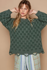 Checkered Distressed Edge Sweater POL Forest Green S