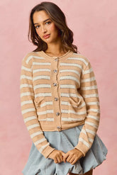 Stripe Long Sleeves Button Sweater Cardigan So Me WHITE/BEIGE S